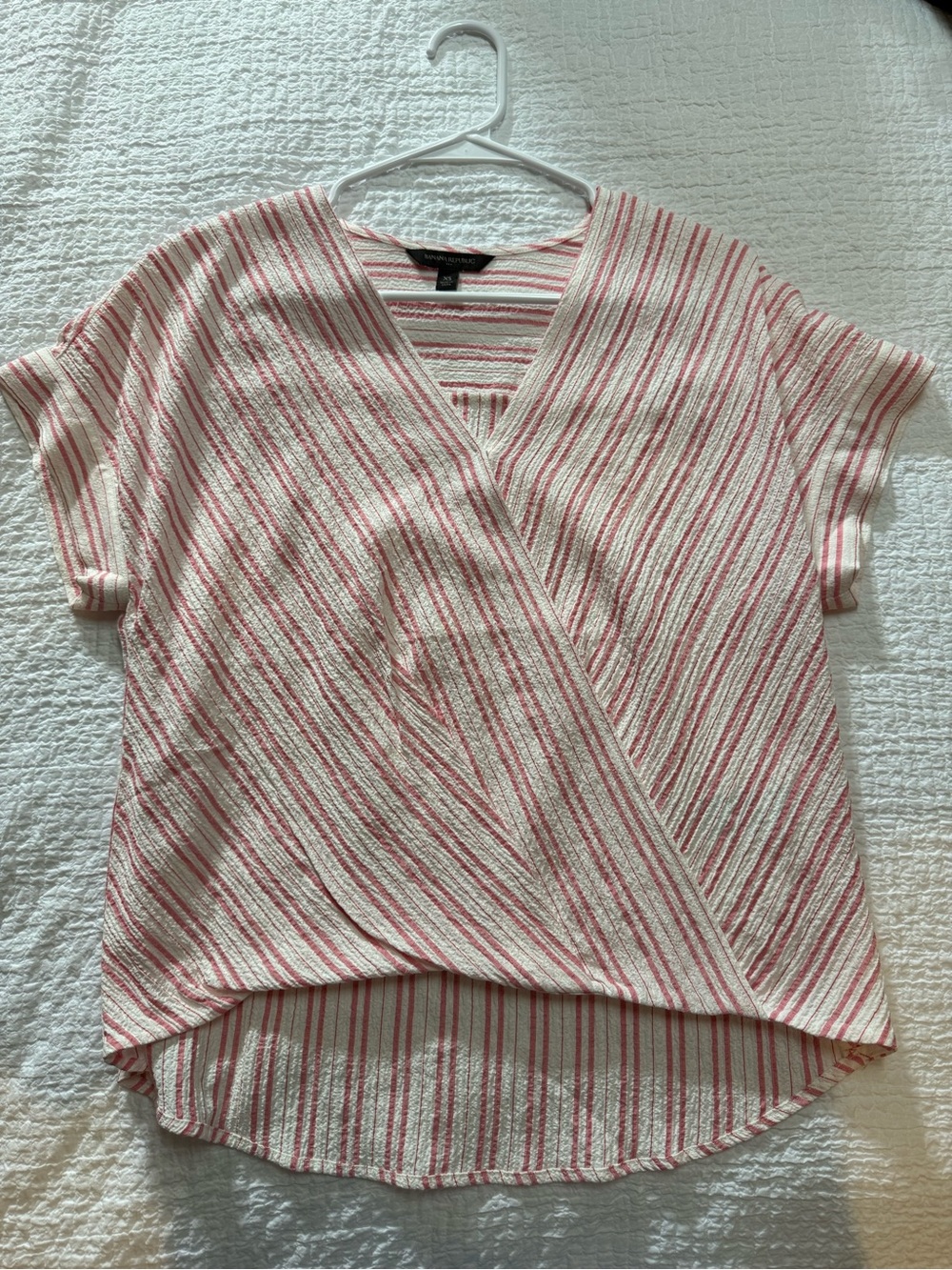 Banana Republic Pink and White Striped Wrap-Front Blouse